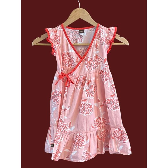 Tea Collection Girls Pink Coral Floral Wrap Tiered Dress Size 5 Flutter Sleeve - Picture 1 of 7